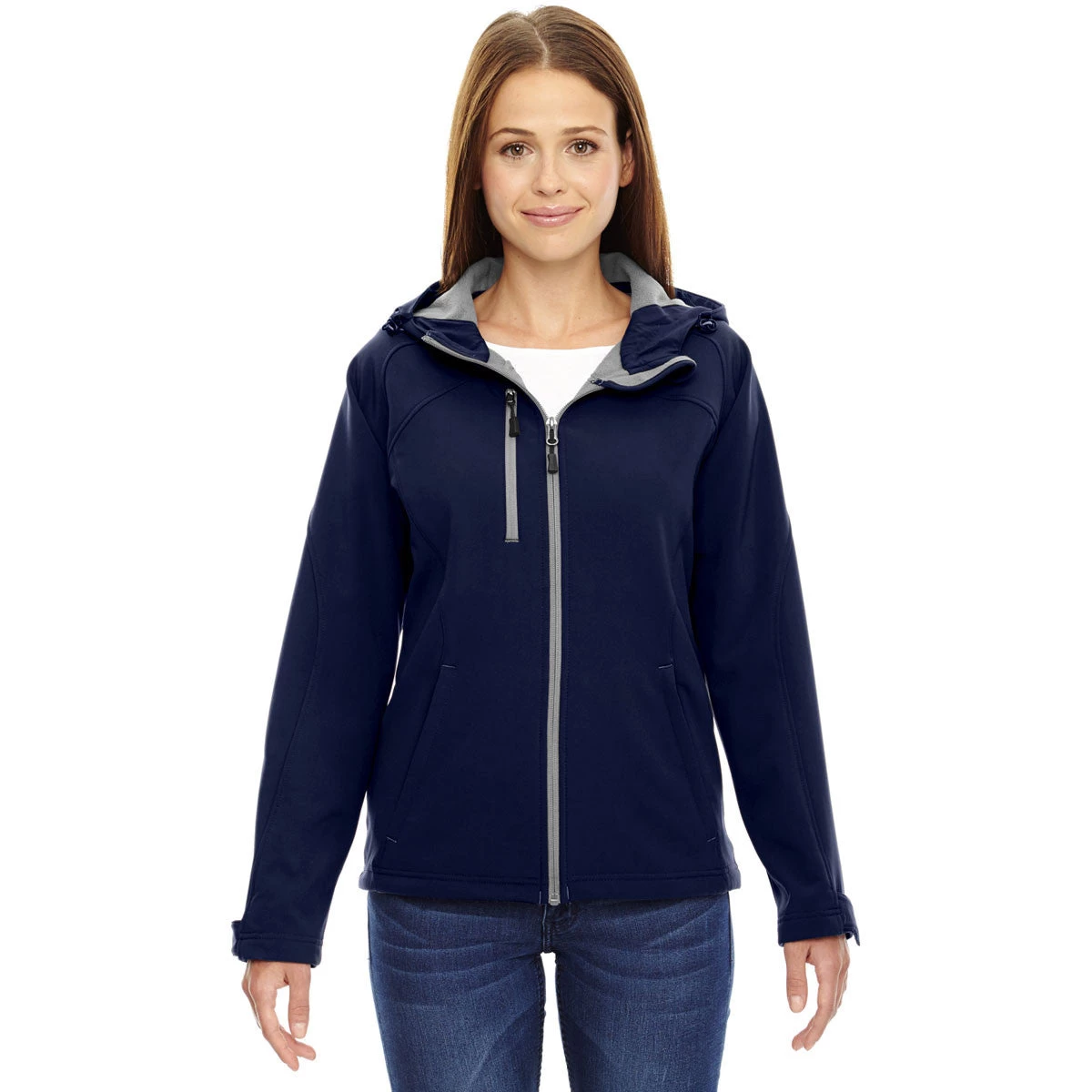 North End Women's Classic Navy Prospect Two-Layer Fleece Bonded Soft Shell Hooded Jacket - Image 2