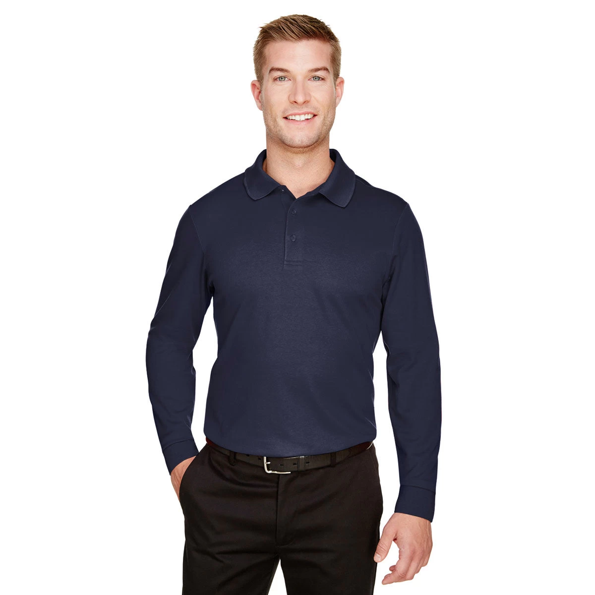 Devon & Jones Men's Navy CrownLux Performance Plaited Long Sleeve Polo - Image 3