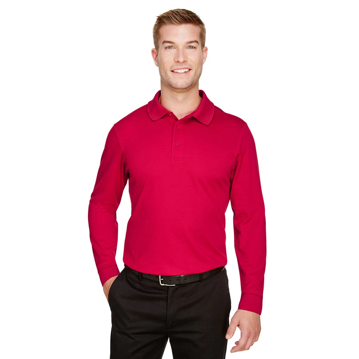Devon & Jones Men's Red CrownLux Performance Plaited Long Sleeve Polo - Image 3