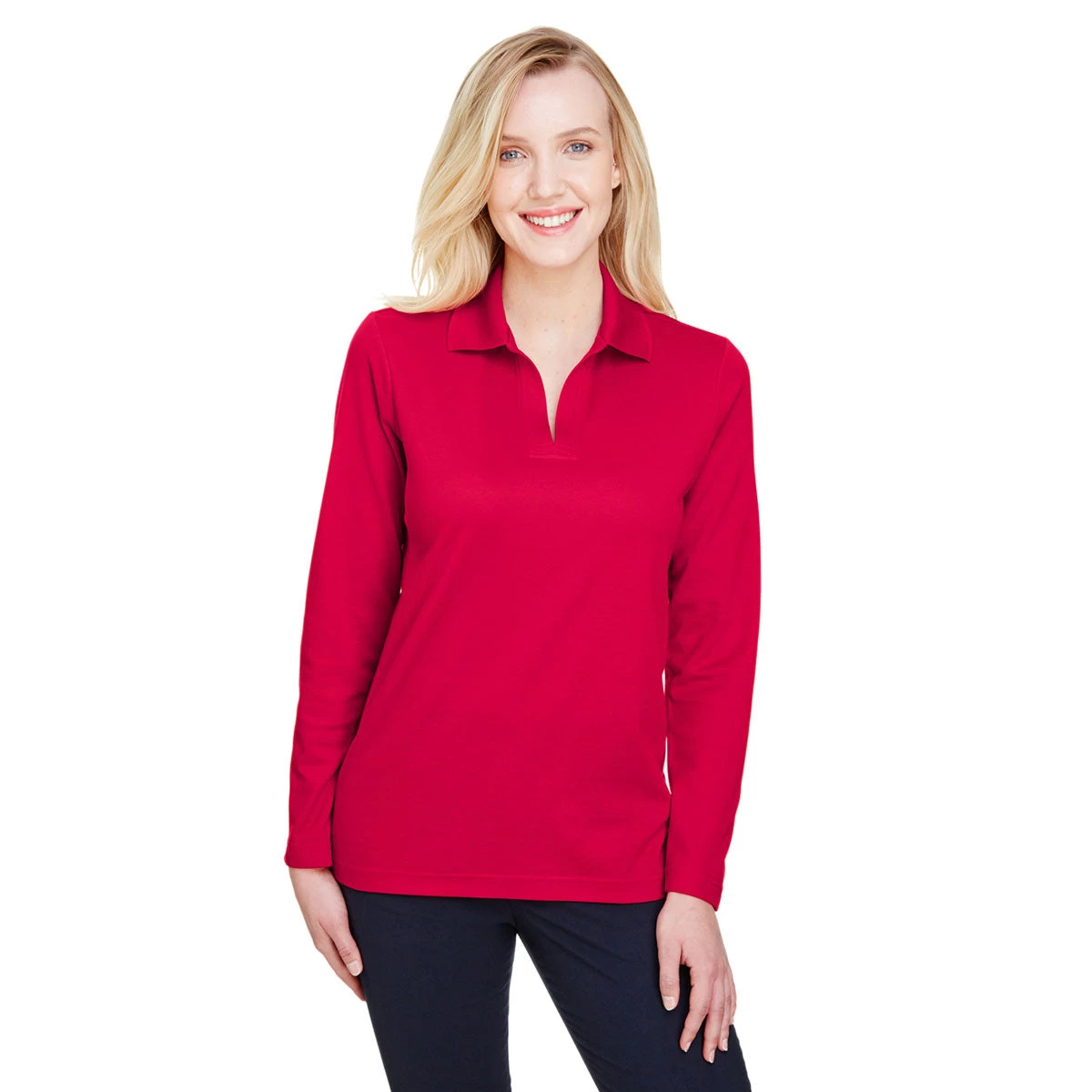 Devon & Jones Women's Red CrownLux Performance Plaited Long Sleeve Polo - Image 3