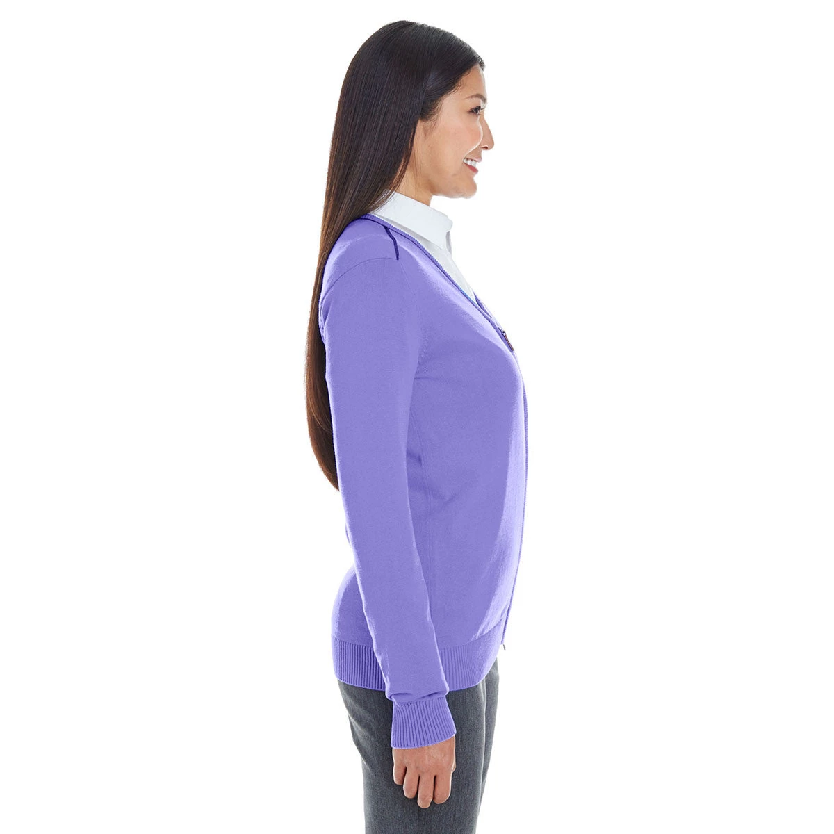 Devon & Jones Women's Grape/Navy Manchester Fully-Fashioned Full-zip Sweater - Image 4