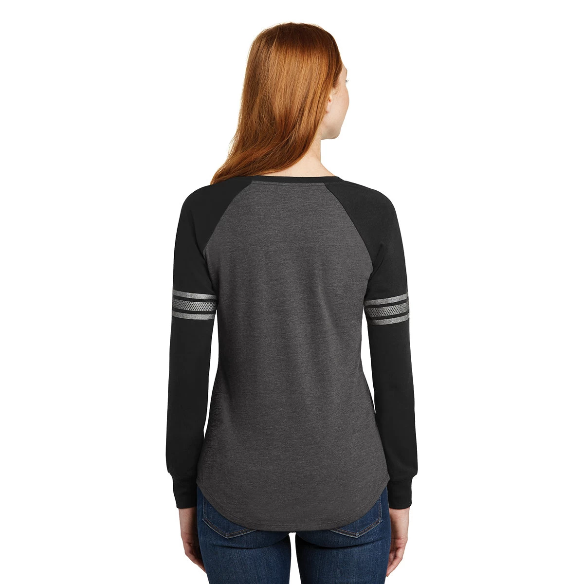 District Women's Heathered Charcoal/Black/Silver Game Long Sleeve V-Neck Tee - Image 4