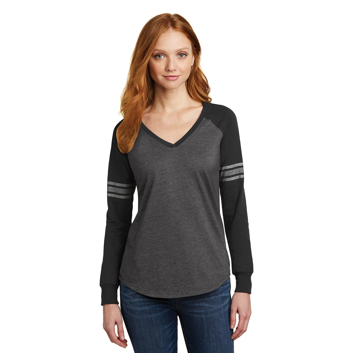 District Women's Heathered Charcoal/Black/Silver Game Long Sleeve V-Neck Tee - Image 3