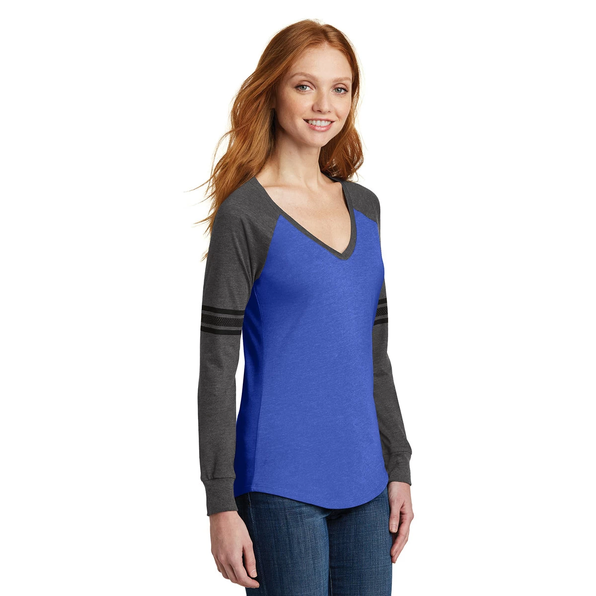 District Women's Heathered True Royal/Heathered Charcoal/Black Game Long Sleeve V-Neck Tee - Image 5