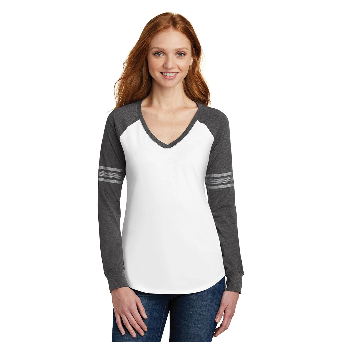 District Women's White/Heathered Charcoal/Silver Game Long Sleeve V-Neck Tee - Image 3