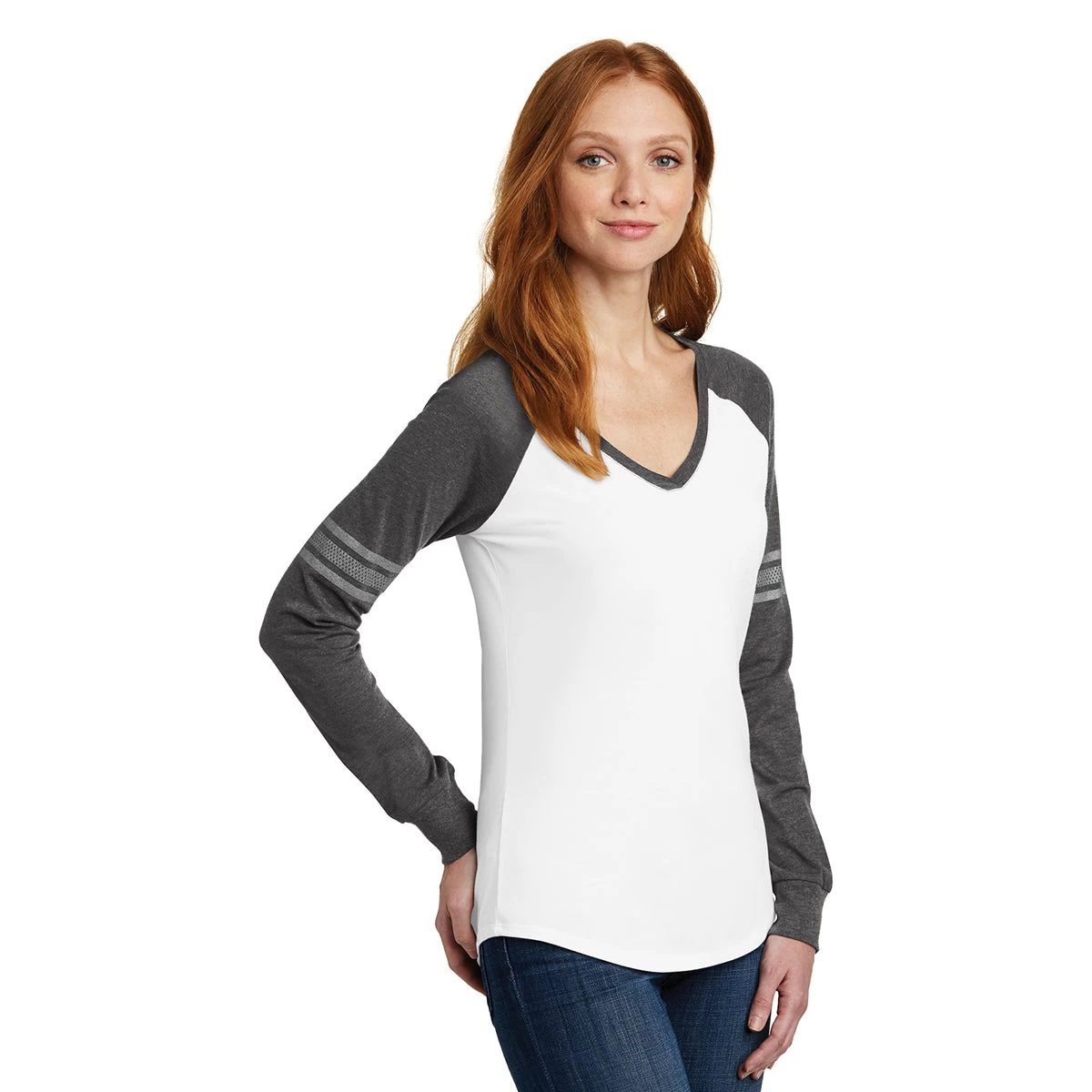 District Women's White/Heathered Charcoal/Silver Game Long Sleeve V-Neck Tee - Image 5