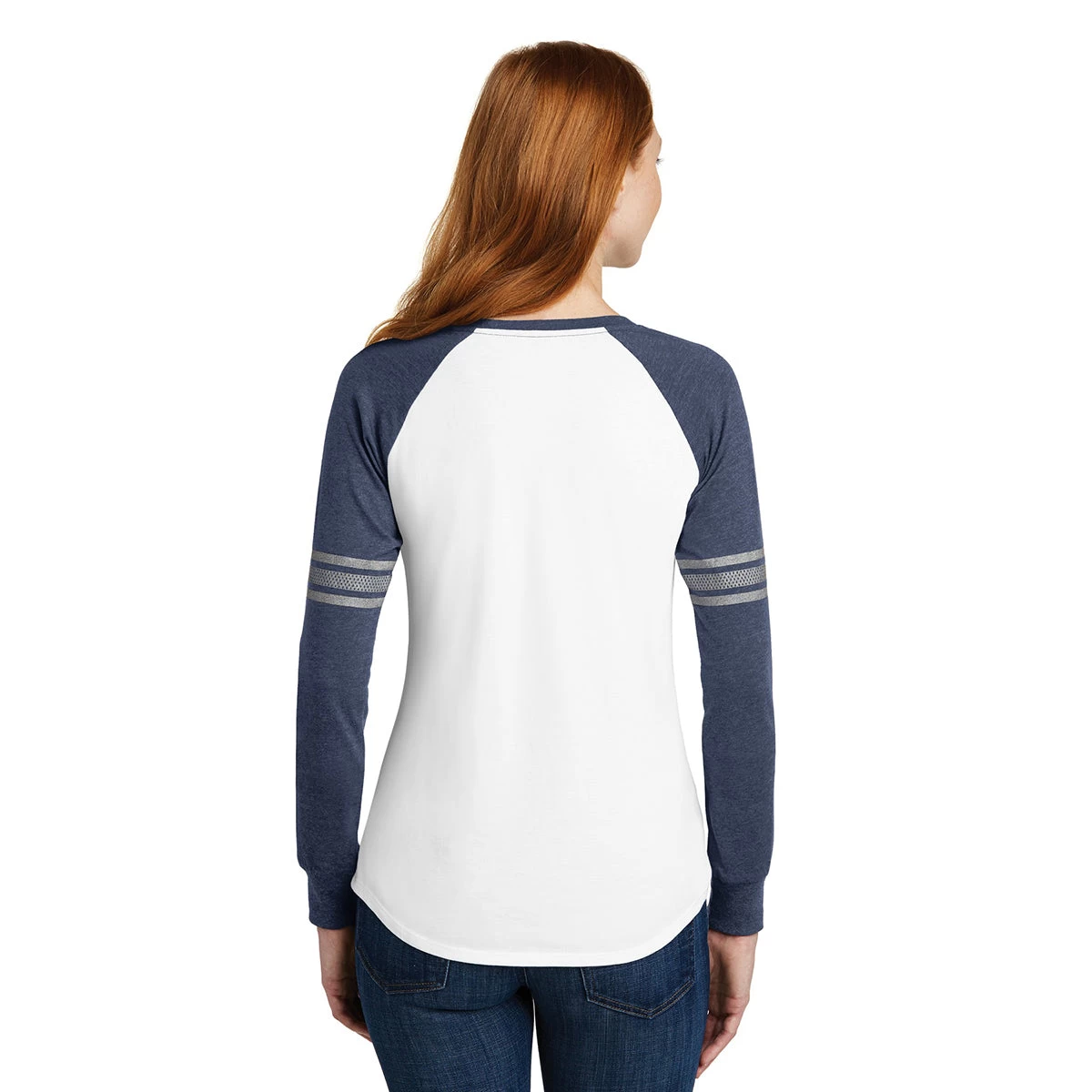 District Women's White/Heathered Navy/Silver Game Long Sleeve V-Neck Tee - Image 4