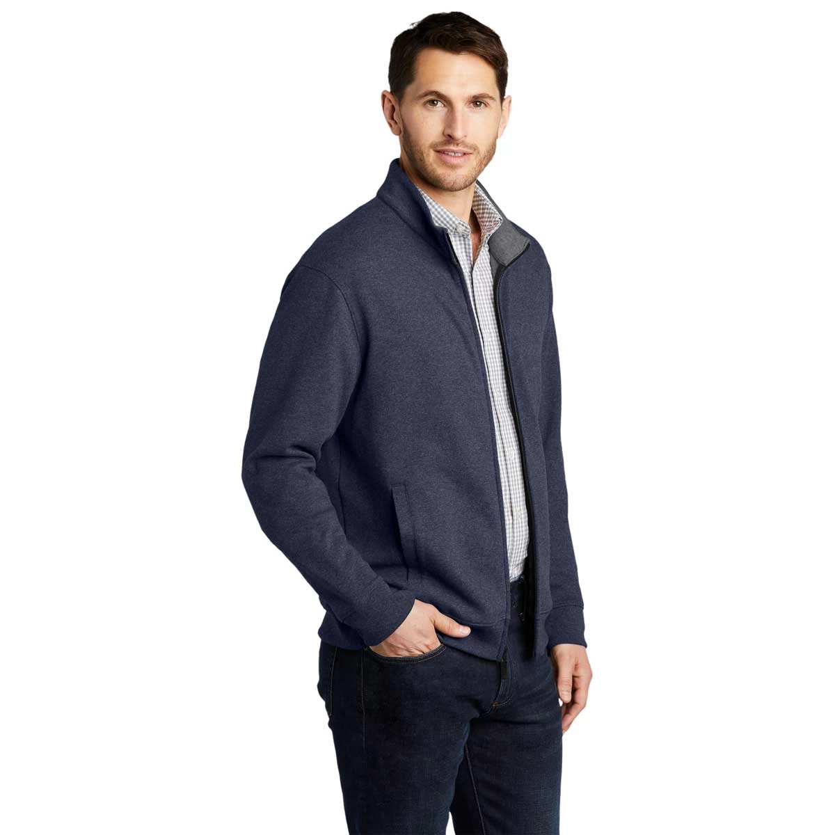 Port Authority Men's Estate Blue Heather/Charcoal Heather Interlock Full-Zip - Image 5