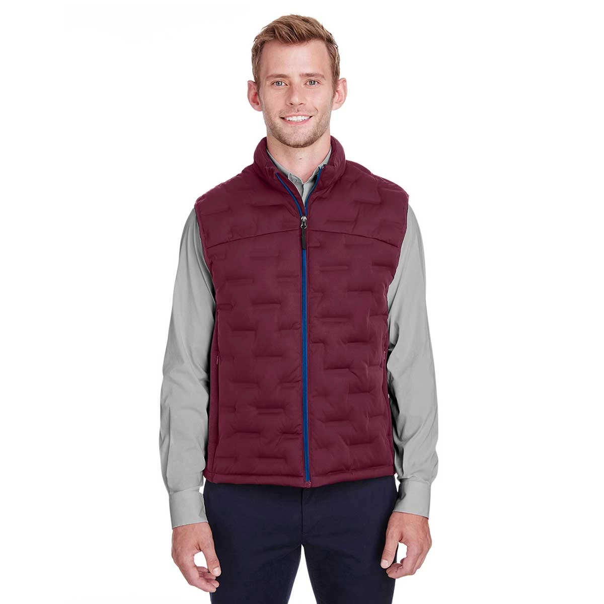 North End Men's Burgundy/Burgundy Heather/Olympic Blue Pioneer Hybrid Vest - Image 3