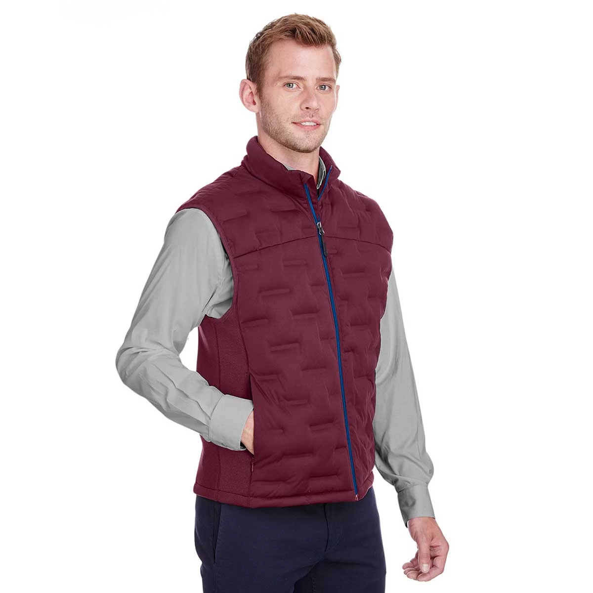 North End Men's Burgundy/Burgundy Heather/Olympic Blue Pioneer Hybrid Vest - Image 5