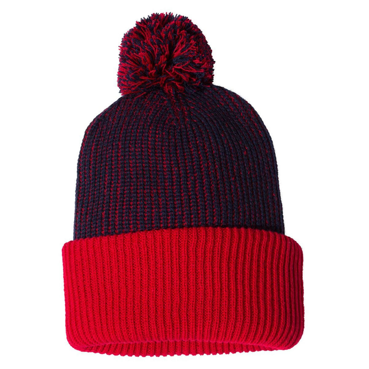 Sportsman Navy/Red 12" Knit Speckled Pom-Pom Beanie